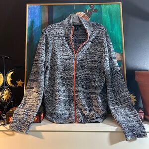 Men's Long Sleeve Zip Up Knit Sweater - Navy and White Large